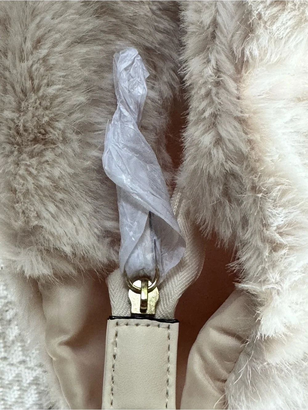 Plush Faux-Fur Victoria Secret Tote Bag in Light Cream with Embossed Logo